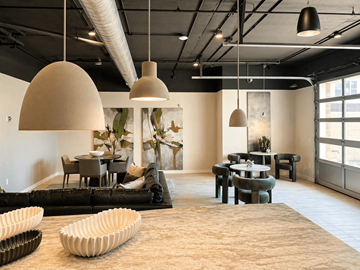 Kannapolis apartment for rent - A modern living room with a large rug and a black couch.