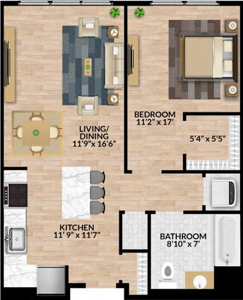 Floor plan for 1 bed, 1 bath, 709 sqft