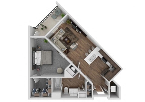 Floor plan for 1 bed, 1 bath, 726 sqft