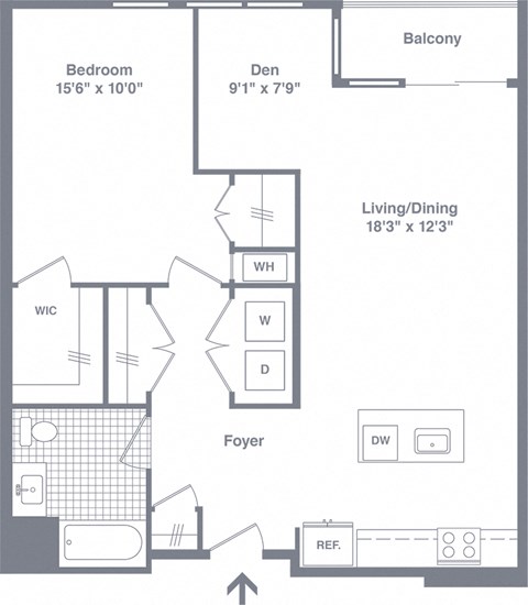 Floor plan for 1 bed, 1 bath, 935 sqft