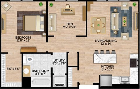 Floor plan for 1 bed, 1 bath, 852 sqft