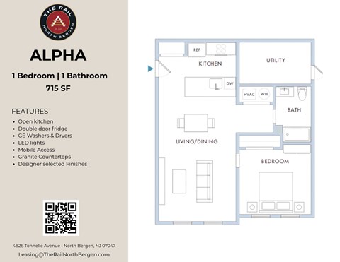 Floor plan for 1 bed, 1 bath, 715 sqft