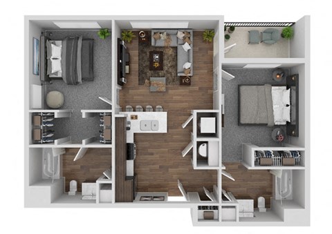 Floor plan for 2 beds, 2 baths, 1037 sqft