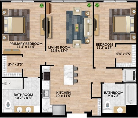 Floor plan for 2 beds, 2 baths, 1058 sqft