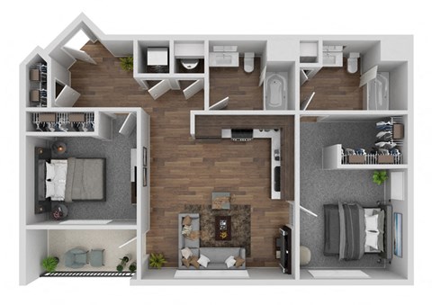 Floor plan for 2 beds, 2 baths, 956 sqft