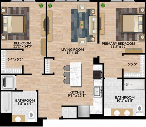Floor plan for 2 beds, 2 baths, 1062 sqft