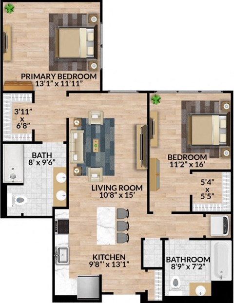 Floor plan for 2 beds, 2 baths, 1022 sqft