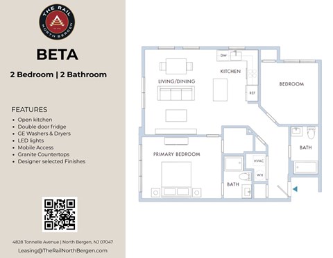 Floor plan for 2 beds, 2 baths, 1027 sqft