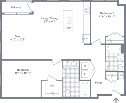 Floor plan for 2 beds, 2 baths, 1266 sqft