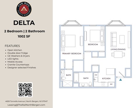 Floor plan for 2 beds, 2 baths, 1002 sqft