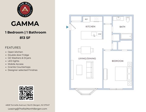 Floor plan for 1 bed, 1 bath, 813 sqft