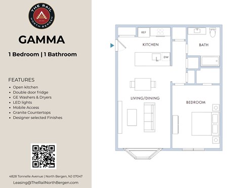 Floor plan for 1 bed, 1 bath, 813 sqft