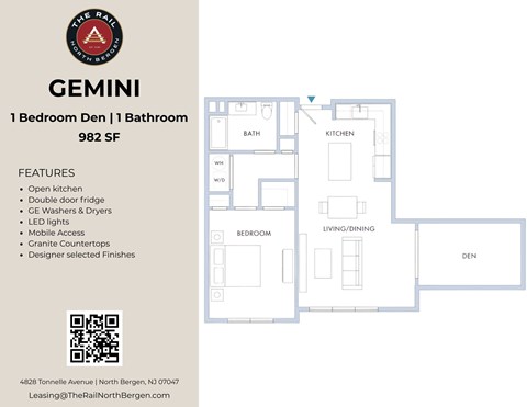 Floor plan for 1 bed, 1 bath, 982 sqft