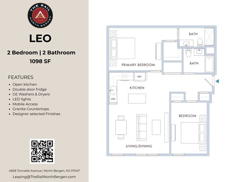 Floor plan for 2 beds, 2 baths, 1157 sqft