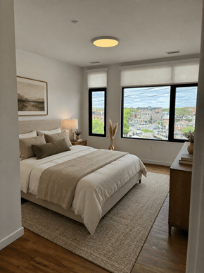 Red Bank apartment for rent - Modern open-concept living room and kitchen at The Rail at Red Bank Station luxury apartments in Red Bank, NJ.
