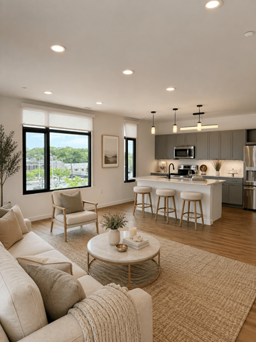 Red Bank apartment for rent - A modern living room with a white sofa and a coffee table.