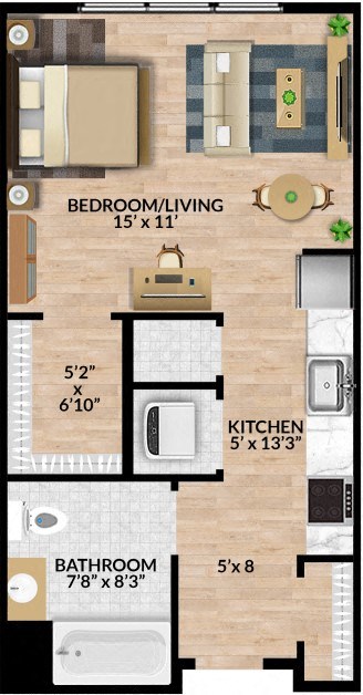 Floor plan for studio, 1 bath, 505 sqft