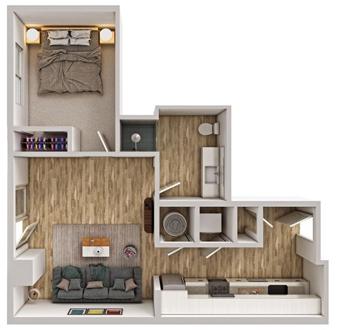 Floor plan for 1 bed, 1 bath, 635 sqft