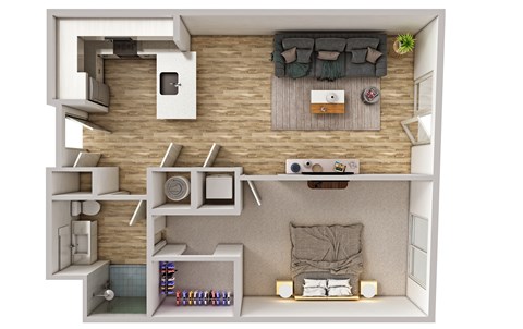Floor plan for 1 bed, 1 bath, 799 sqft