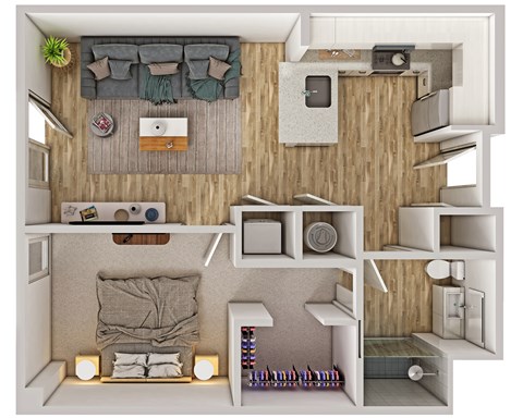 Floor plan for 1 bed, 1 bath, 726 sqft