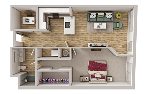Floor plan for 1 bed, 1 bath, 973 sqft