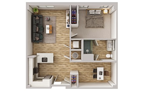 Floor plan for 1 bed, 1 bath, 896 sqft