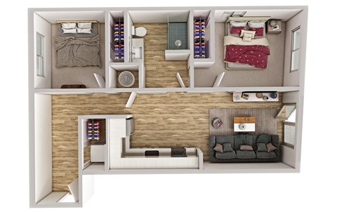 Floor plan for 2 beds, 1 bath, 708 sqft