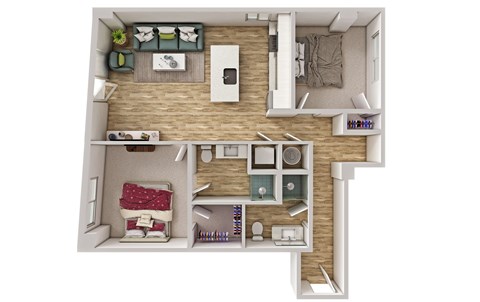 Floor plan for 2 beds, 2 baths, 1009 sqft