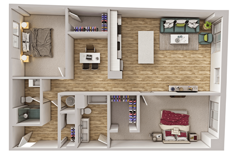 Floor plan for 2 beds, 2 baths, 896 sqft