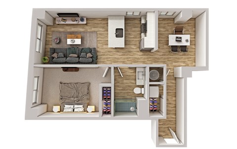 Floor plan for 1 bed, 1 bath, 973 sqft