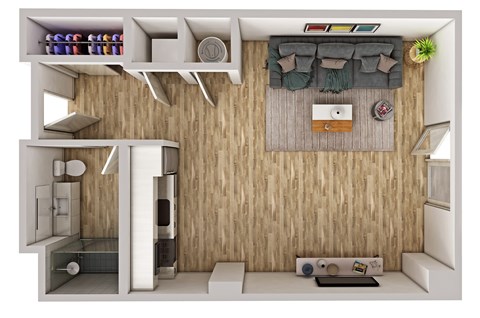 Floor plan for studio, 1 bath, 596 sqft