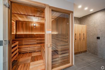 A sauna room with benches