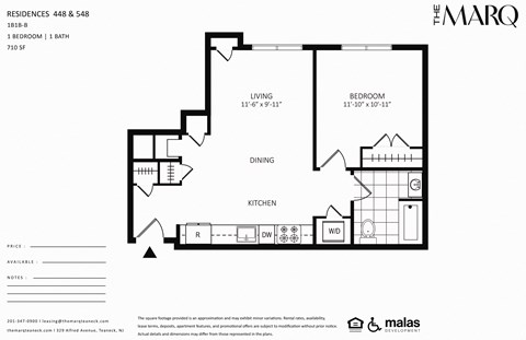Floor plan for 1 bed, 1 bath, 710 sqft