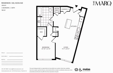 Floor plan for 1 bed, 1 bath, 783 sqft