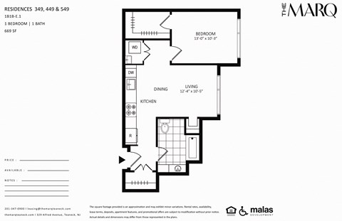 Floor plan for 1 bed, 1 bath, 669 sqft