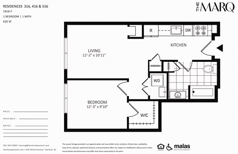 Floor plan for 1 bed, 1 bath, 620 sqft