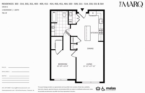 Floor plan for 1 bed, 1 bath, 804 sqft