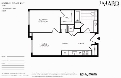 Floor plan for 1 bed, 1 bath, 666 sqft