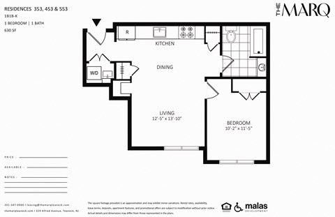 Floor plan for 1 bed, 1 bath, 631 sqft