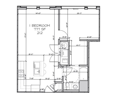Floor plan for 1 bed, 1 bath, 752 sqft