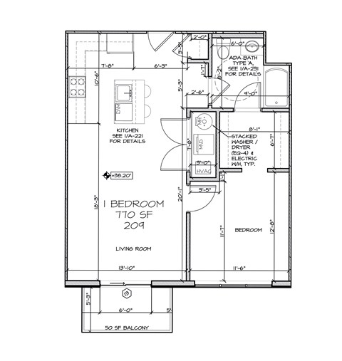 Floor plan for 1 bed, 1 bath, 776 sqft
