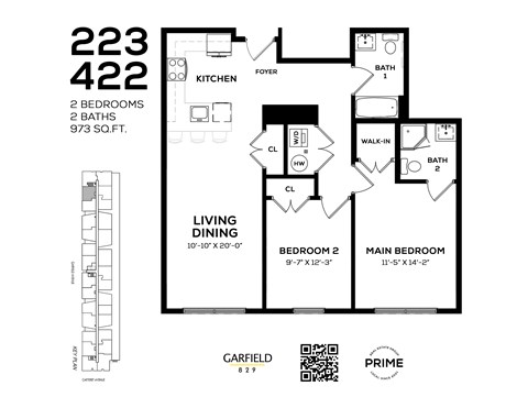 Floor plan for 2 beds, 2 baths, 973 sqft