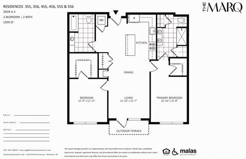 Floor plan for 2 beds, 2 baths, 1210 sqft