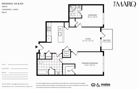 Floor plan for 2 beds, 2 baths, 969 sqft