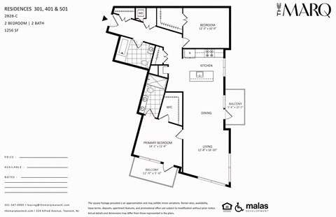 Floor plan for 2 beds, 2 baths, 1260 sqft
