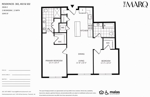 Floor plan for 2 beds, 2 baths, 1053 sqft