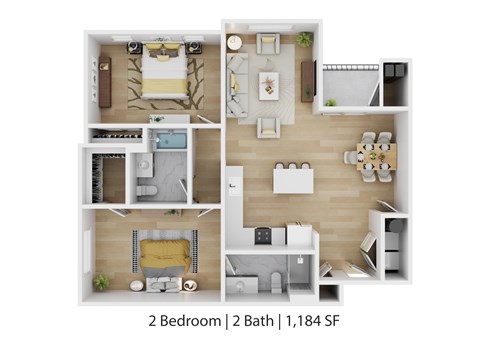 Floor plan for 2 beds, 1 bath, 1184 sqft