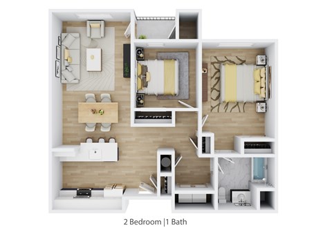 Floor plan for 2 beds, 1 bath, 876 sqft