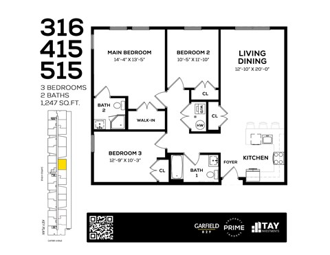 Floor plan for 3 beds, 2 baths, 1247 sqft