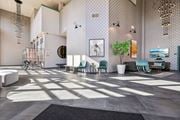 Hackensack apartment for rent - A modern interior with a patterned wallpaper and a variety of seating options.